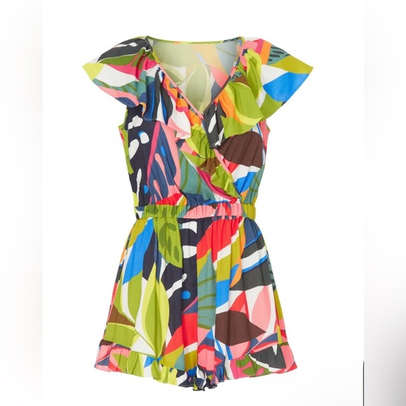 Trina Turk Pants - Trina Turk Multicolor Leaf-Print Ruffled Romper